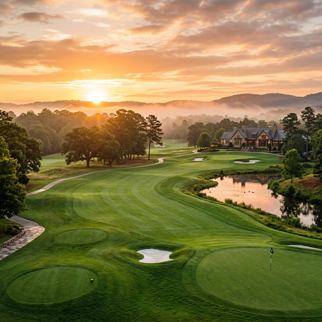 Luxuriöser Golfplatz im goldenen Abendlicht